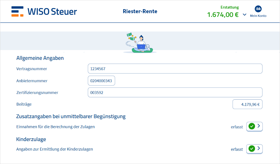 Eingabemaske für Riester-Verträge in WISO Steuer