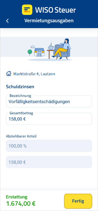 Eingabemaske für Vorfälligkeitsentschädigungen in der App WISO Steuer