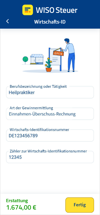 Eingabemaske für die Wirtschaftsidentifikationsnummer in der App WISO Steuer