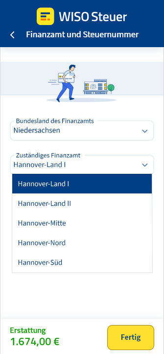 Auswahlliste von Finanzämtern in der App WISO Steuer