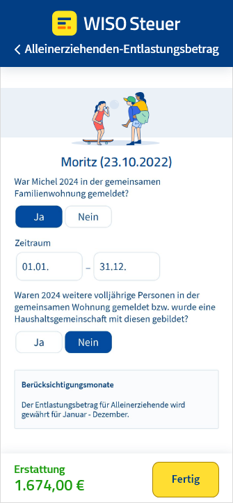 Beantragung des Alleinerziehenden-Entlastungsbetrags mit der App WISO Steuer