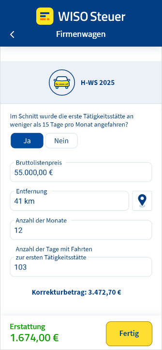 Korrekturbetrag für Firmenwagenfahrten zur Arbeit mit der App WISO Steuer berechnen