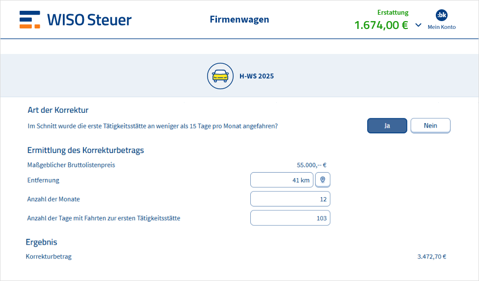 Korrekturbetrag für Firmenwagenfahrten zur Arbeit mit WISO Steuer berechnen