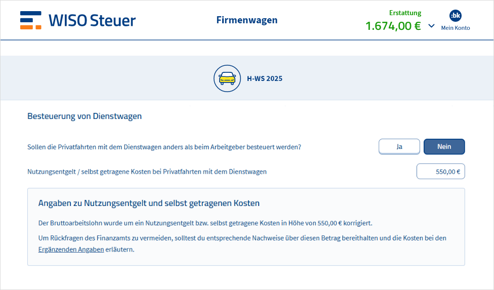 Ausgaben für Firmenwagen in WISO Steuer eintragen