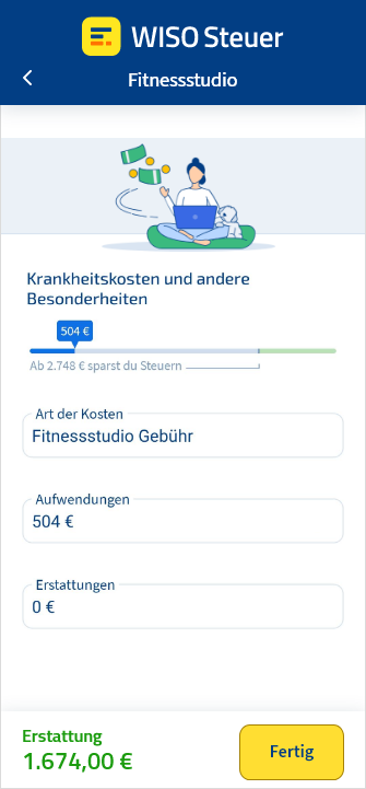 Vorschau der Eingabemaske für Fitnessstudiogebühren in der App WISO Steuer