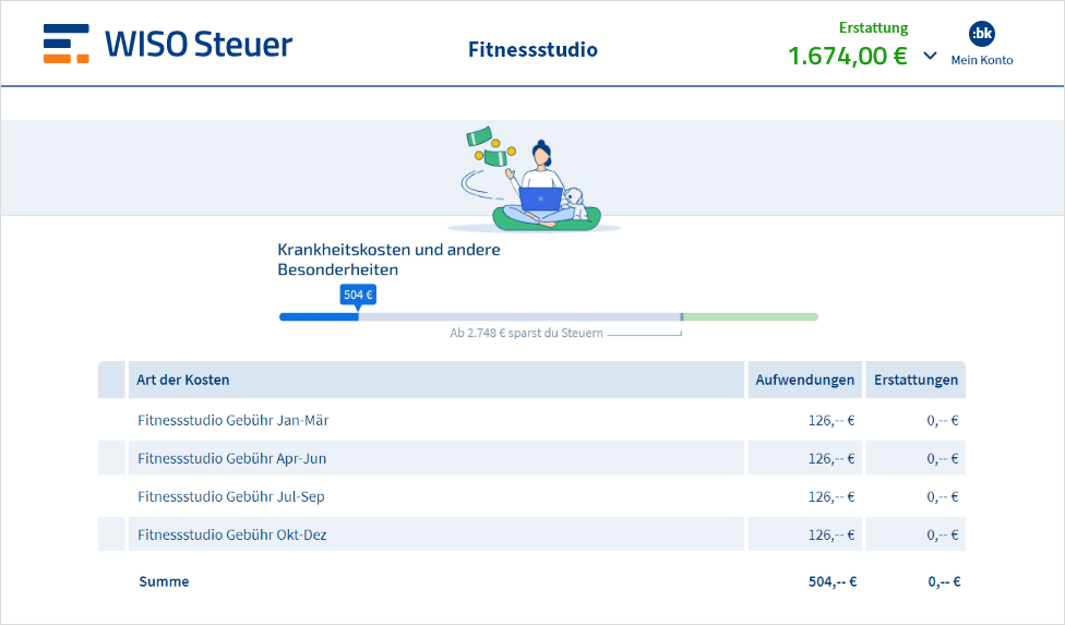 Vorschau der Eingabemaske für Fitnessstudiogebühren in WISO Steuer